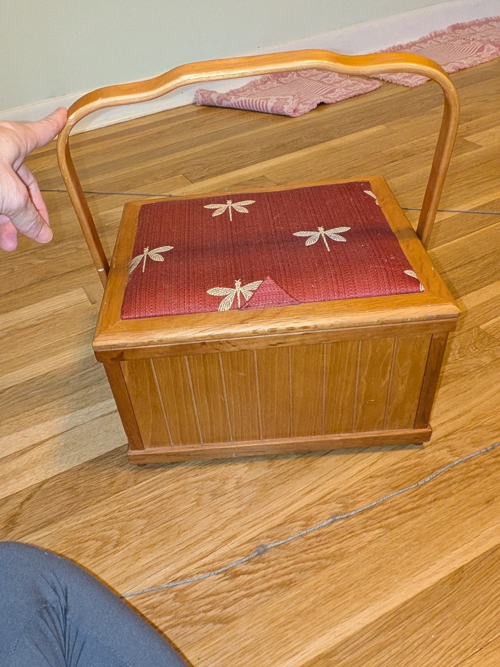 Wood Sewing Basket with Red Fabric Top